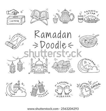 Ramadan hand drawn illustration pack. Set of Islamic doodle vector design elements. Sketch style line art muslim cartoon icon collection.