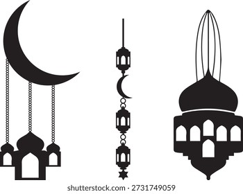 Ramadã Pendurado Crescente e Lanterna Preto Silhueta