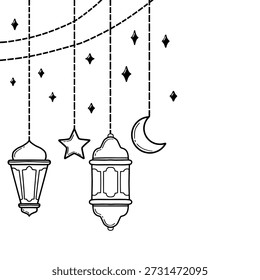 Ramadan Hängedekoration mit Laternen Mond und Sterne Linie Kunst. Minimalistisch Handgezeichnete Linie Kunst für islamische Grußkarten, Social Media, und dekorative Designs
