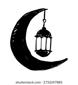 Farol colgante de Ramadán dibujado a mano doodle. Lámpara islámica tradicional con boceto de cuerda decorativa para el ornamento de vacaciones. Elemento religioso artesanal aislado en blanco.
