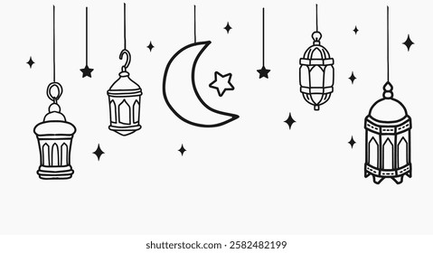 Ramadan Hanging Lantern Sketch. Minimalist Hand-Drawn Line Art for Islamic Greeting Cards, Social Media, and Decorative Designs