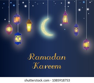 Ramadan hanging shiny lanterns poster several glowing lamps and 
crescent on a dark blue background. Ramadan Kareem illustration