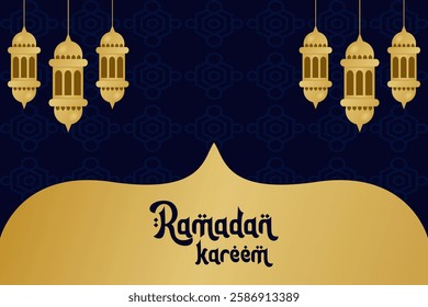 Ramadan hanging shiny lanterns poster several glowing lamps on a dark blue background. Islamic festival template for banner, card, poster. Ramadan Kareem illustration.