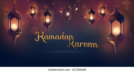 Ramadan hanging shiny lanterns poster several glowing lamps on a dark blue background. Ramadan Kareem illustration