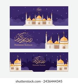 Ramadan holiday banners vector with mosque illustration and calligraphy text.