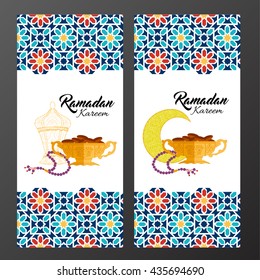 Ramadan holiday cards with vector islamic pattern with lantern crescent vase dates bead icons .Flat design. Banner set.