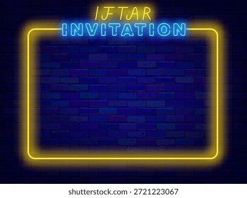 Ramadan-Urlaub. Eid Mubarak. Iftar Einladung Neonwerbung. Gelber leerer Rahmen und Text. Minimaler Flyer. Helles Banner. Leuchtendes Poster. Vektorgrafik