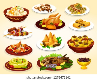 Día festivo de Ramadán de platos arabios con fiesta iftar. Frutos de cita, baklava y samosa postre islámico, arroz con pollo biryani, kebab y pescado a la parrilla, humus, zucchini relleno y galleta de luna creciente