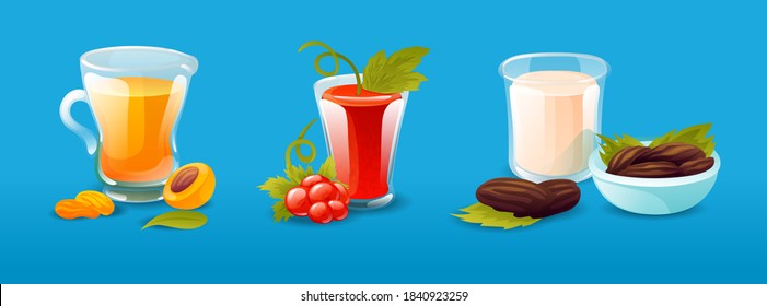 Ramadan holiday food of iftar party arabian muslim dishes. Sweet drink appricot nectar, milk, jellab drink made from dates, carob, grape molasses and rose water cartoon vector