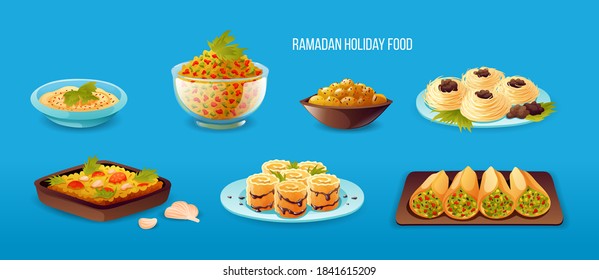 Ramadan Feiertagsessen von arabischen Partys. Süßspeisen, Fisch und Fleisch , Datteln, Milch, Salate. Hummus, tabbouleh, Fattoush, Luqaimat-Dumplings, Kanafeh, Urama, Pilaf, Katayef-Vektorgrafik