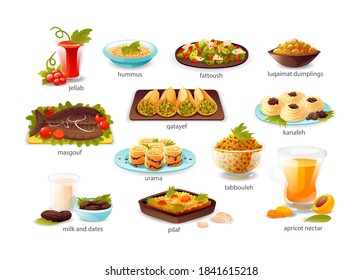 Ramadan holiday food of iftar party arabian muslim dishes. Sweet dishes, fish and meat , dates, milk, salads. Jellab, hummus, fattoush, luqaimat dumplings, masgouf, urama, pilaf, tabouleh vector