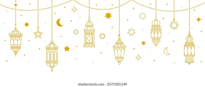 Ramadan holiday greeting with Arabian lanterns and lamps, vector background. Ramadan Kareem and Eid Mubarak greeting Islam and Muslim religious holidays with golden decoration of Arabian lanterns