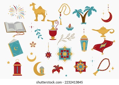 Ramadan holiday isolated elements set in flat design. Bundle of quran, camel, rosary, coffee pot, candle, palm trees, crescent moon, flower, mosque and other traditional symbols. Vector illustration.