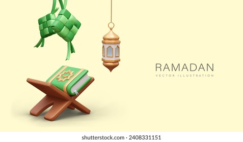 Fiesta de Ramadán. Plantilla web de bienvenida con elementos decorativos temáticos y texto. Corán en un puesto de madera, linterna, ketupat. Concepto de fiesta religiosa árabe