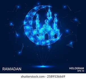 Ramadan hologram. Ramadan is made of polygons, triangles, dots, and lines. Ramadan is a low-poly compound structure. Technology concept vector.