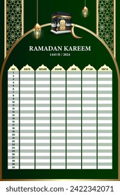 Ramadan holy month calendar schedule. Posters or banners for prayer, fasting and breaking the fast.