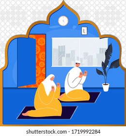 Ramadan at Home during COVID19. Stay Home Stay Safe. Couple Pray with Two Hands who are in Fear Because of the Coronavirus. Ramadan Kareem. Design Concept for Against Viral Pandemic