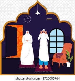 Ramadan at Home during COVID19. Stay Home Stay Safe. Couple Pray who are in Anxiety and Fear Because of the Coronavirus. Ramadan Kareem. Design Concept for Against Viral Pandemic