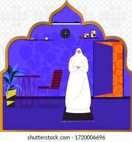 Ramadan at Home during COVID19. Stay Home Stay Safe. Women Pray who are in Anxiety and Fear Because of the Coronavirus. Ramadan Kareem. Design Concept for Against Viral Pandemic