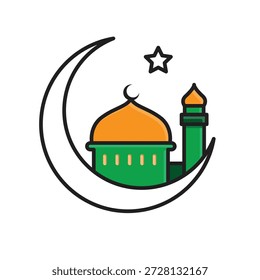 Icono de Ramadán. Luna creciente con mezquita. Islam, musulmanes, mes sagrado. Estilo de diseño mixto