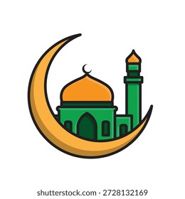 Icono de Ramadán. Luna creciente con una mezquita en el centro. Islámico, musulmán, mes sagrado. Estilo de diseño isométrico