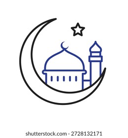 Icono de Ramadán. Luna creciente con mezquita. Islam, musulmanes, mes sagrado. Estilo de diseño de esquema