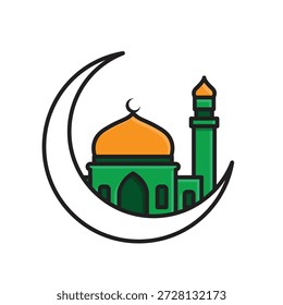 Icono de Ramadán. Luna creciente con una mezquita en el centro. Islámico, musulmán, mes sagrado. estilo de diseño mixto