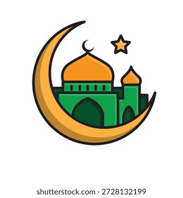 Icono de Ramadán. Luna creciente con una mezquita en la parte superior. Islámico, musulmán, mes sagrado. Estilo de diseño isométrico