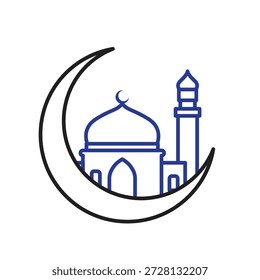 Icono de Ramadán. Luna creciente con una mezquita en el centro. Islámico, musulmán, mes sagrado. estilo de diseño de contorno