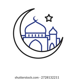 Icono de Ramadán. Luna creciente con una mezquita en la parte superior. Islámico, musulmán, mes sagrado. estilo de diseño de contorno