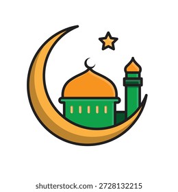 Icono de Ramadán. Luna creciente con mezquita. Islam, musulmanes, mes sagrado. Estilo de diseño isométrico