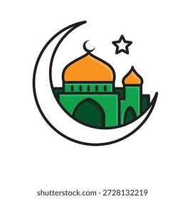 Icono de Ramadán. Luna creciente con una mezquita en la parte superior. Islámico, musulmán, mes sagrado. estilo de diseño mixto