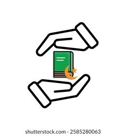 Ramadan icon. Islamic holy book vector in hand. reading, reciting, recitations, studying. activities in the holy month of Ramadan. Mixed design style