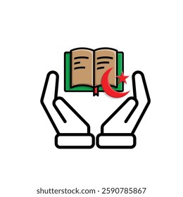 Ramadan icon. Islamic holy book vector in hand. reading, reciting, recitations, studying. activities in the holy month of Ramadan. Mixed design style