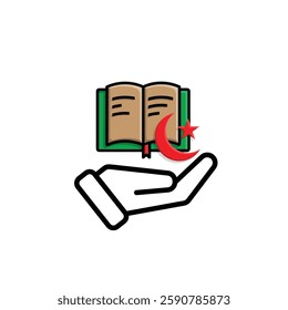 Ramadan icon. Islamic holy book vector in hand. reading, reciting, recitations, studying. activities in the holy month of Ramadan. Mixed design style