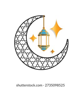 Ramadan icon. Moon ornament. Moon with pattern inside and lantern. Islam, holy month, Arabic. mixed design style