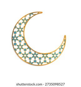 Ramadan icon. Moon ornament. Moon with pattern inside on white background. Islam, holy month, Arabic. Isometric design style.