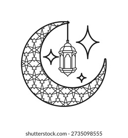 Ramadan icon. Moon ornament. Moon with pattern inside and glowing lantern. Islam, holy month, Arabic. outline design style.