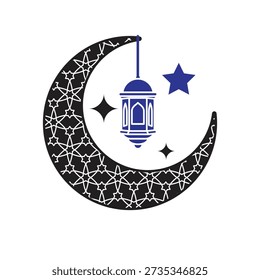 Ramadan icon. Moon ornament. Moon with patterns inside, lanterns, and stars. Islam, Muslim, Arabic. flat design style.