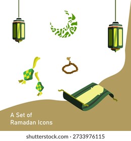 Ramadan icon set collection with Islamic ornaments such as lanterns, crescent moon, prayer beads, ketupat, and prayer mat in flat vector style.