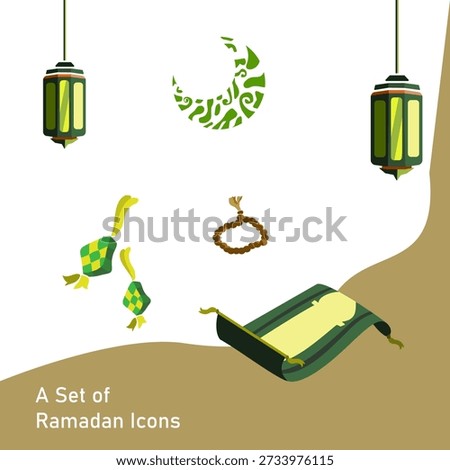 Ramadan icon set collection with Islamic ornaments such as lanterns, crescent moon, prayer beads, ketupat, and prayer mat in flat vector style.