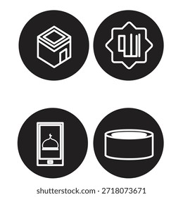 Un conjunto de iconos de Ramadán que combina la Kaaba, la caligrafía islámica, el dispositivo de tiempo de oración y el recipiente de comida tradicional que representa la adoración y la generosidad.