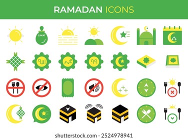 ramadan icon set. containing adhan, calendar, carpet, compass, fasting, islam, islamic, kaaba, kiblat, ketupat, quran, zakat and more. flat vector icons collection.