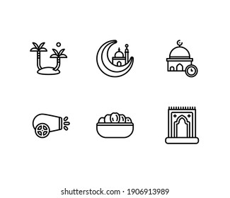 Ramadan icon set with crescent moon, mosque, date palm and prayer rug icon