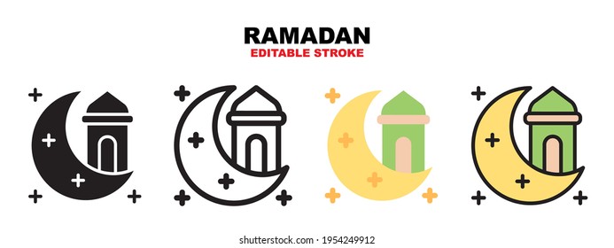 Ramadan-Icon mit verschiedenen Stilen. Symbole, die in den Farben Füllung, Umriss, flach, Glyphe und Linie entworfen wurden. Bearbeitbarer Strich und Pixel perfekt. Kann für Web, Mobile, ui und mehr verwendet werden.