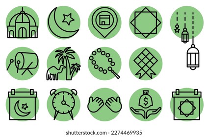 Ramadan icon set (filled outline).
The collection includes web design, application design, UI design, during Ramadan, Eid, and others.
