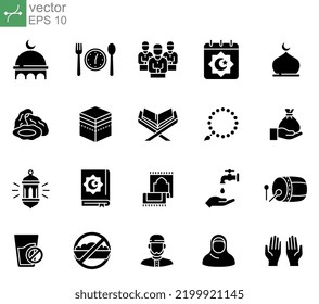 Ramadan icon set glyph style. iftar time, dome, mosque, female, hijab, minaret, mecca, Islam, male muslim, hand prayer, praying, shalat, fasting Vector illustration design on white background EPS 10