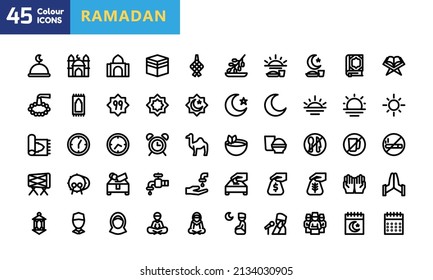 Ramadan icon set. Islamic holiday symbols collection, Islam icons, Muslim day signs icon isolated on white background, eps 10. Vector Illustration. Quran Book, Traditional Lanterns.