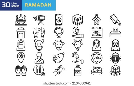 Juego de iconos de Ramadán. Colección de símbolos de la festividad islámica, iconos del Islam, icono de signos del día musulmán aislado en el fondo blanco, eps 10. Ilustración vectorial. Libro del Corán, Linternas Tradicionales.