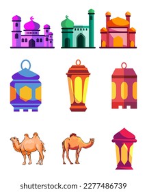 conjunto de iconos de ramadán, linterna, camello, mezquita. estilo plano. ilustración de vector premium aislado. perfecto para la celebración de ramadan kareem.